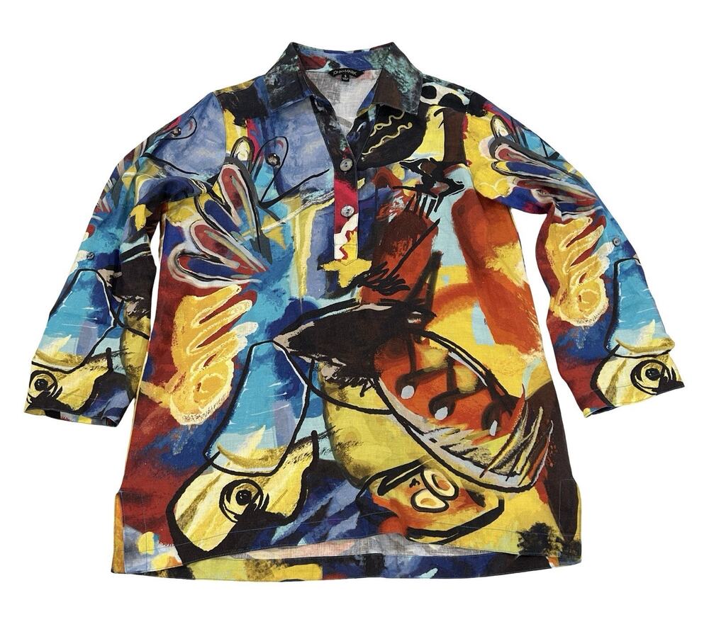 John Mark Linen Tunic Shirt Size S Multi Color Abstract Print Popover 3/4 Sleeve
